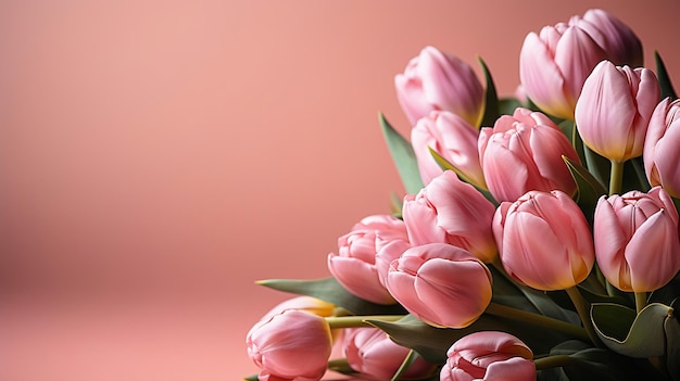 Różowe tulipany kwiaty na różowym tle Czekam na wiosnę Wesołych Świąt karty Płaskie generatywne AI