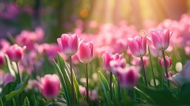 Różowe tulipany kwitnące w świetle słonecznym w letnim lub wiosennym krajobrazie Naturalny widok kwiatów tulipanów kwitnących w ogrodzie