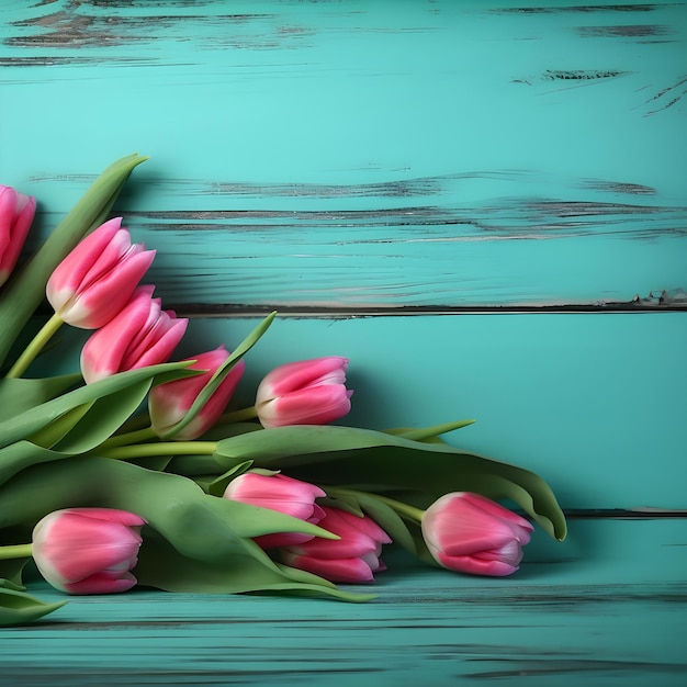 Różowe tulipany na niebieskim tle drewnianych