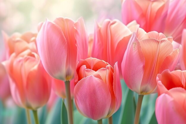 Różowe tulipany w pastelowych odcieniach koralowych na niewyraźnym tle, świeże wiosenne kwiaty w ogrodzie