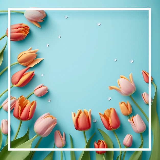 Różowe tulipany z białą ramką na niebieskim tle.