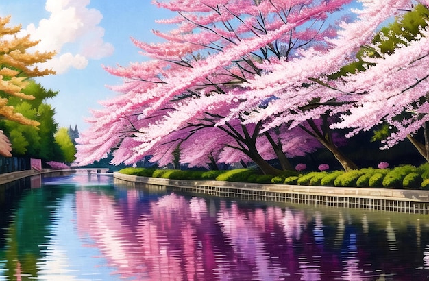 Różowe wiśniowe drzewo kwitnące kwiaty kwitnące wiosną sakura czas wielkanocny ai generowany krajobraz