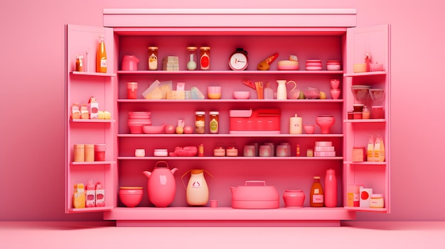Różowe wnętrze barbie z różowymi półkami i szafką renderowania 3d