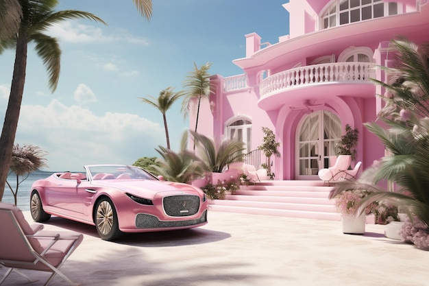 różowo-biały dom z samochodem z przodu w stylu kinowych zestawów hiperrealistycznego popu