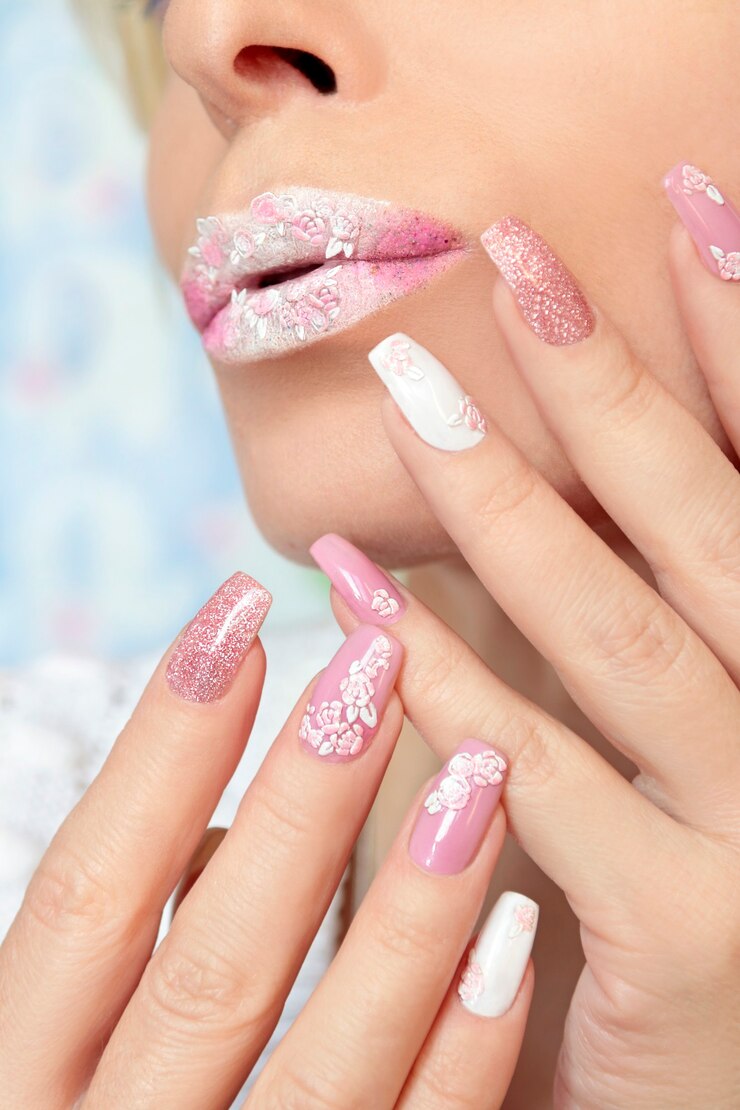 Różowo-biały makijaż i manicure