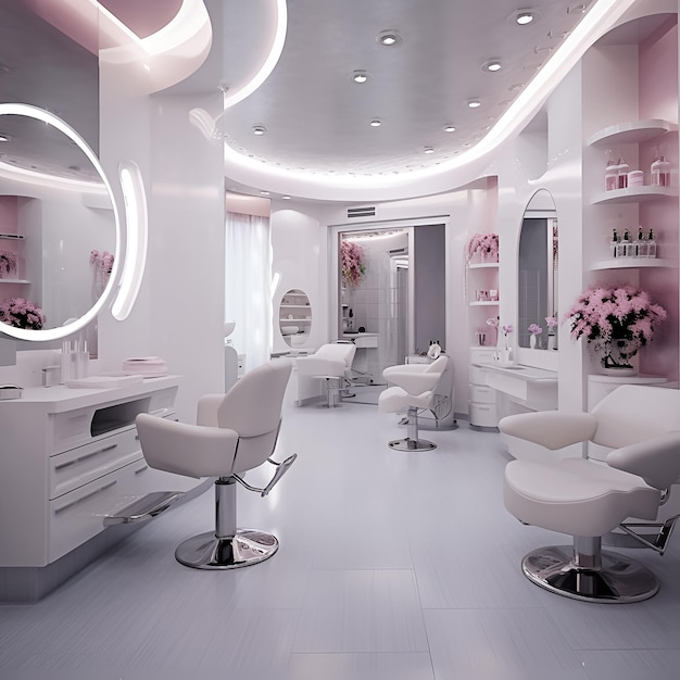 Zdjęcie różowo-biały pokój z lustrem z napisem „makijaż”.