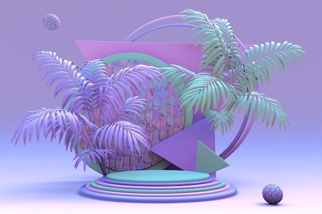 Różowo-fioletowa pastelowa podium kompozycja 3d obiektów geometrycznych z abstrakcyjną tropikalną zieloną palmą