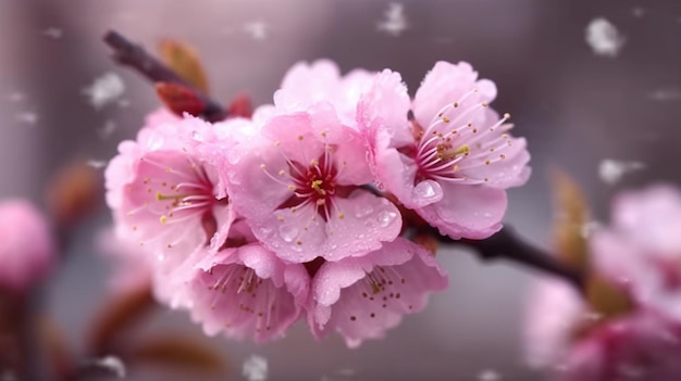 Różowo kwitnący kwiat migdałowca pięknie rozkwitł z naturalnym tłem Generative AI
