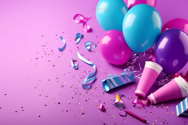Różowo-niebieska impreza z balonami i konfetti na podłodze.