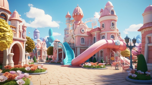 Różowo-niebieski plac zabaw w dziwacznym świecie kreskówek
