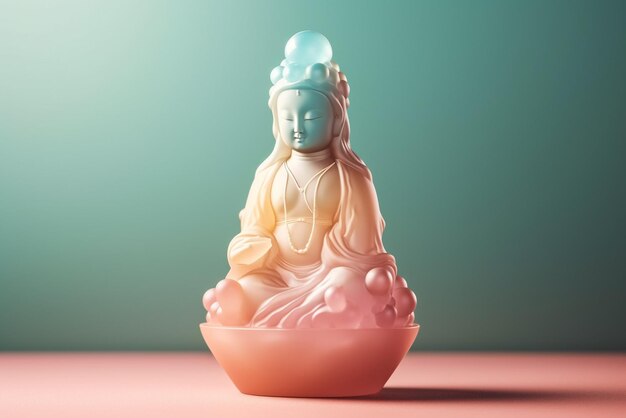Zdjęcie różowo-niebieski posąg buddy z słowem buddha na nim.
