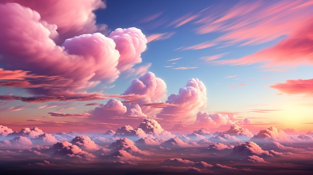 Różowo-niebieskie niebo z zielonym tłem i różową chmurą Generatywna sztuczna inteligencja
