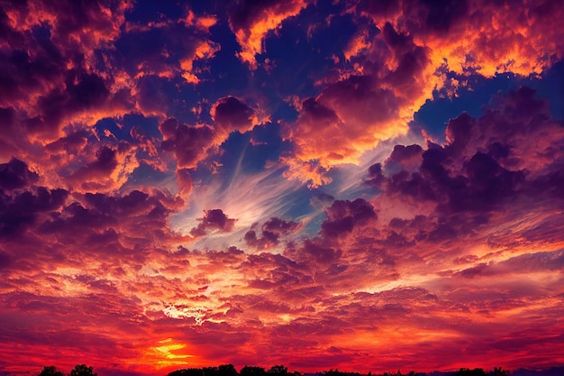 Różowo-niebiesko-fioletowe i złote kolory na dramatycznym niebie o zachodzie słońca utworzone za pomocą generatywnej sztucznej inteligencji
