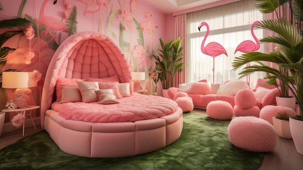 Różowo-zielona sypialnia z motywem flamingów