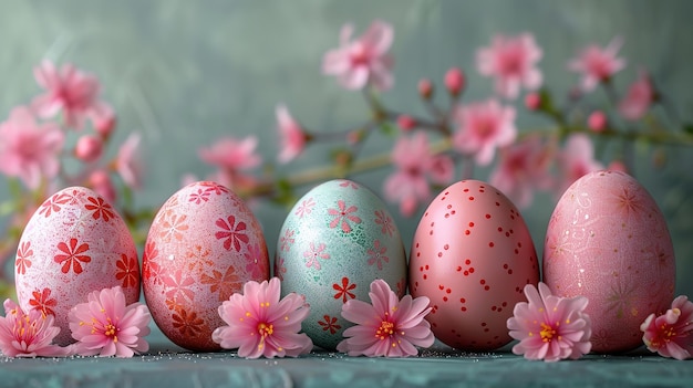 Różowo-zielone Wielkanocne tło Zbiór porządnie uporządkowanych jaj z kwiatowymi wzorami