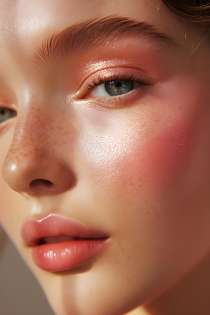 Różowo-złota błyszcząca piękność w świeżym makijażu
