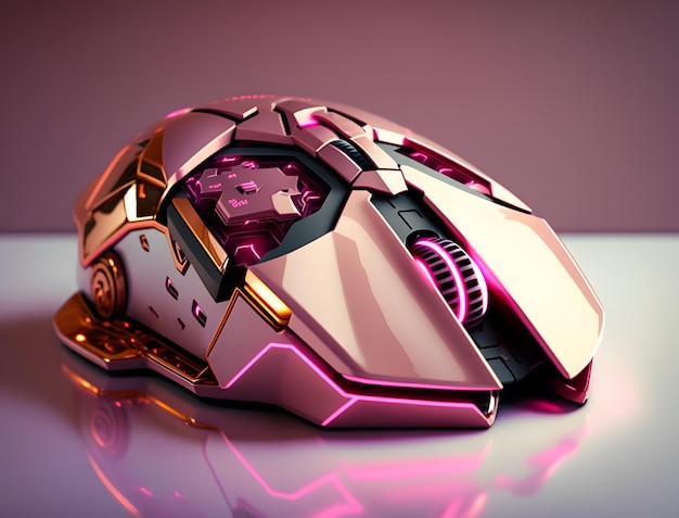 Różowo-złota mysz komputerowa z różową buzią i napisem „robot” z przodu.