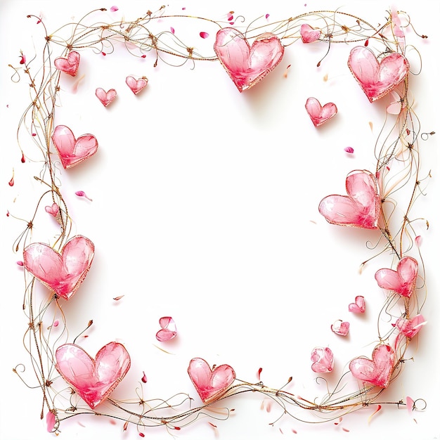 Zdjęcie różowo-złota ramka z sercami na białym tle