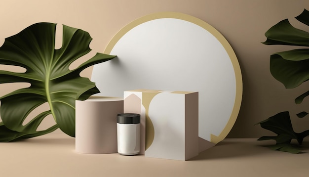 Zdjęcie różowo-złote okrągłe lustro z białą ramą i rośliną po prawej stronie.