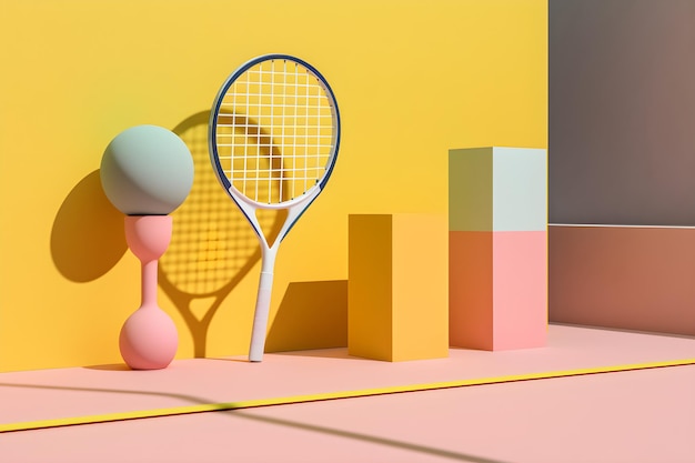 Różowo-żółta ściana z rakietą tenisową i pudełkiem.