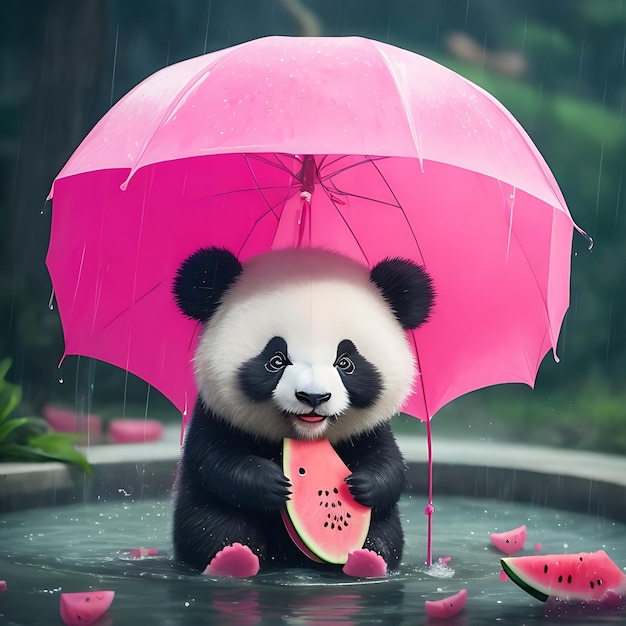 Różowy arbuzowy deszcz i słodka panda