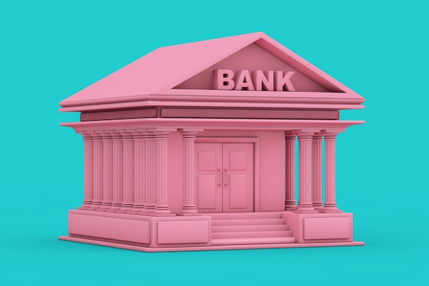 Zdjęcie różowy budynek banku w stylu bichromii na niebieskim tle. renderowanie 3d