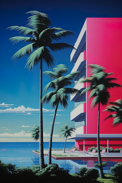 różowy budynek z białym pasem i czerwony budynek z drzewami palmowymi