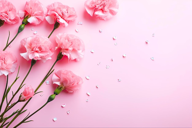 Różowy bukiet goździków na minimalnym tle pastelowym z konfetami Idealny na kartkę na Dzień Matki