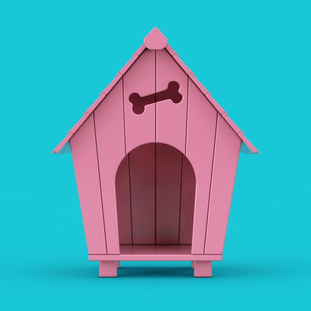 Różowy Cartoon Dog House makieta Duotone na niebieskim tle. Renderowanie 3D