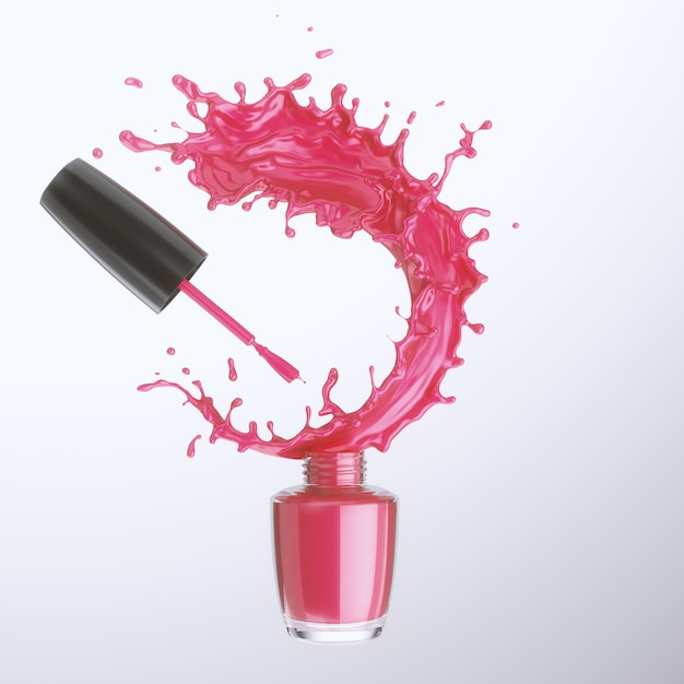 Zdjęcie różowy ciekły gwoździa połysku pluśnięcie od butelki, 3d rendering z ścinek ścieżką.