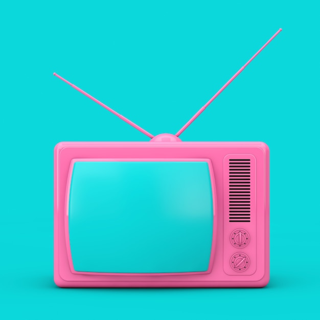 Różowy Classic Vintage TV w stylu Duotone na niebieskim tle. Renderowanie 3D