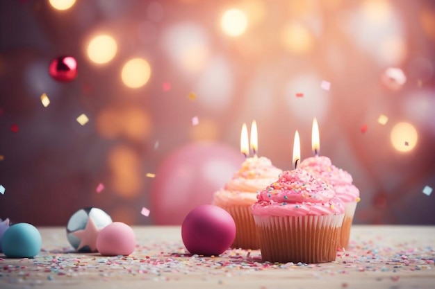 Różowy cupcake i biała jedna świeca na kolorowym tle z balonami szczęśliwych urodzin i anniv