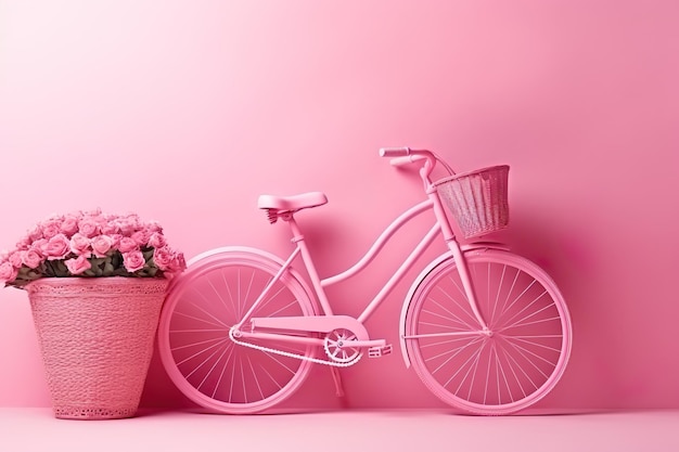 różowy cykl z różową ścianą i kwiatami różowy kolor różowe tło różowy świat AI Wygenerowano