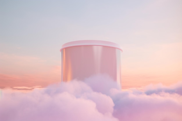 Różowy cylinder znajduje się nad chmurami z chmurą słów na górze.