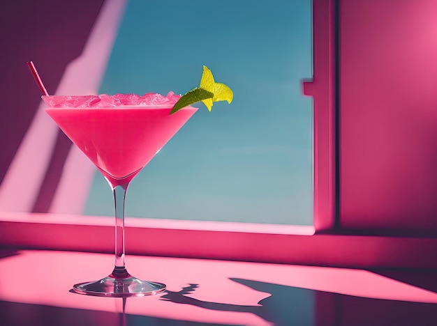 Różowy daiquiri alkoholowy letni koktajl na nowoczesnym różowym tle ai generatywnym