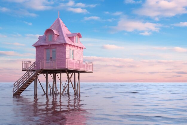 Zdjęcie różowy dom spoczywający na molo obok oceanicznej sztucznej inteligencji