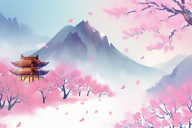 Różowy domek na drzewie górski zachód słońca chińska akwarela abstrakcyjna sztuka tapeta tło ilustracja