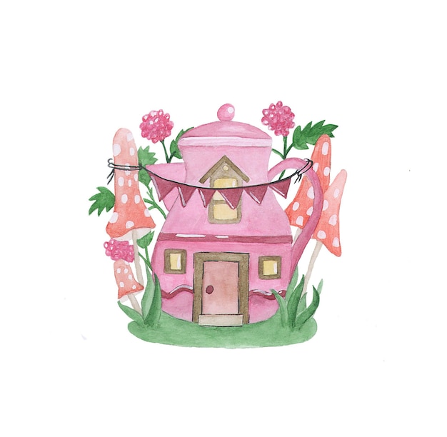 Różowy domek z grzybami i jagodami
