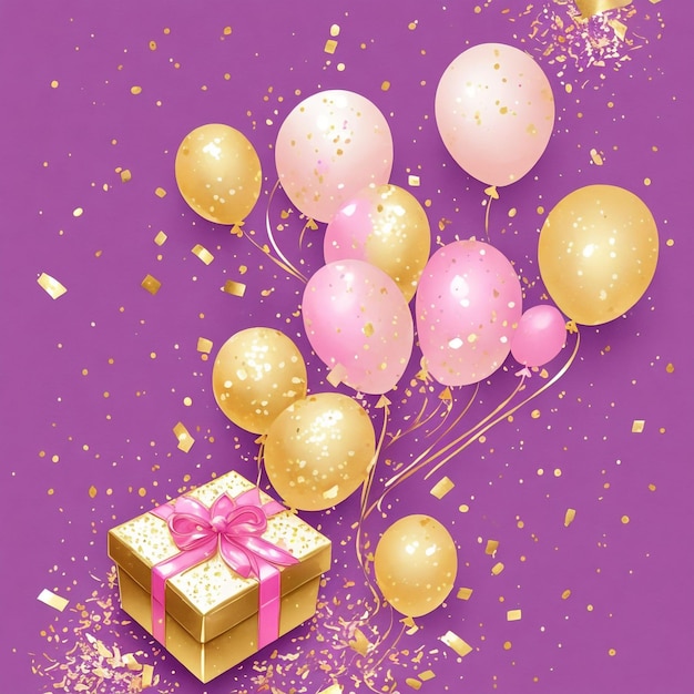 Różowy Fioletowy Urodziny Celebration Card Tło Ze Złotym Prezentem I Baloonami