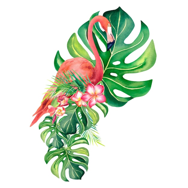 Różowy flaming na tle monstera Akwarela ilustracja Ptaki tropikalne Ptaki egzotyczne