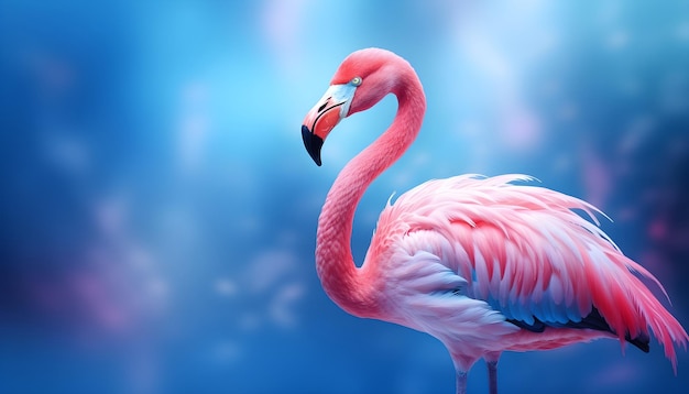 Różowy flamingo na niebieskim tle