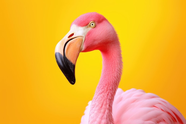 Różowy flamingo na żółtym tle widok boczny