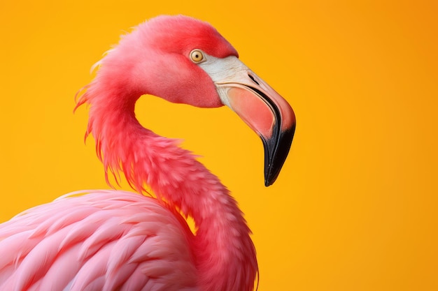 Różowy flamingo na żółtym tle widok boczny