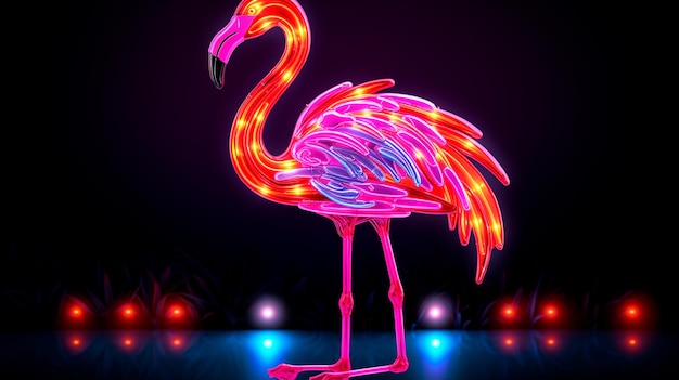 Zdjęcie różowy flamingo neonowe w świetle neonowym na czarnym tle