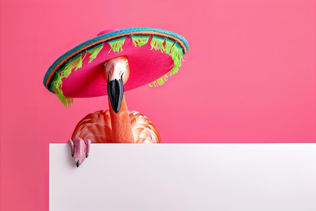 Zdjęcie różowy flamingo noszący meksykańskie sombrero na jasnym tle