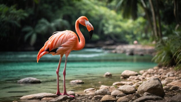 Różowy flamingo stojący na skałach zielonego stawu w bujnego lasu tropikalnego w jasny dzień