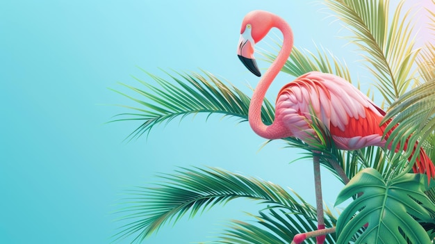 Różowy flamingo stojący przy palmie na Sandy Beach