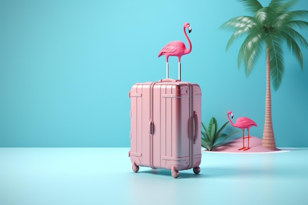 Różowy flamingo z bagażem podróżnym i liściem palmowym