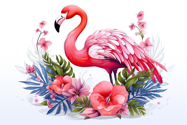 Różowy flamingo z kwiatami i liśćmi na jasnym tle