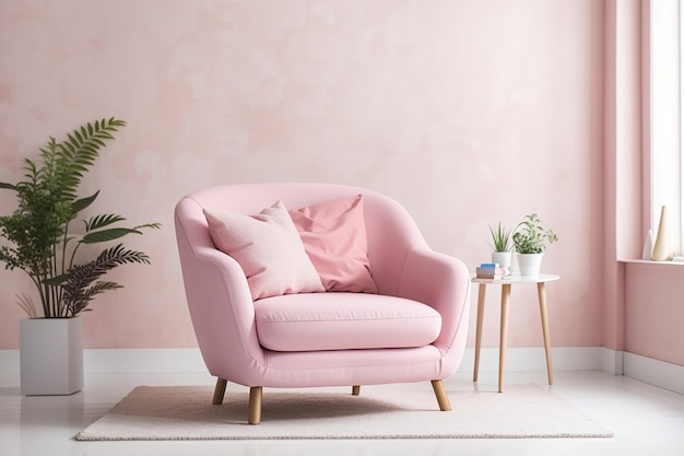Różowy fotel w białym salonie z kopii przestrzeni